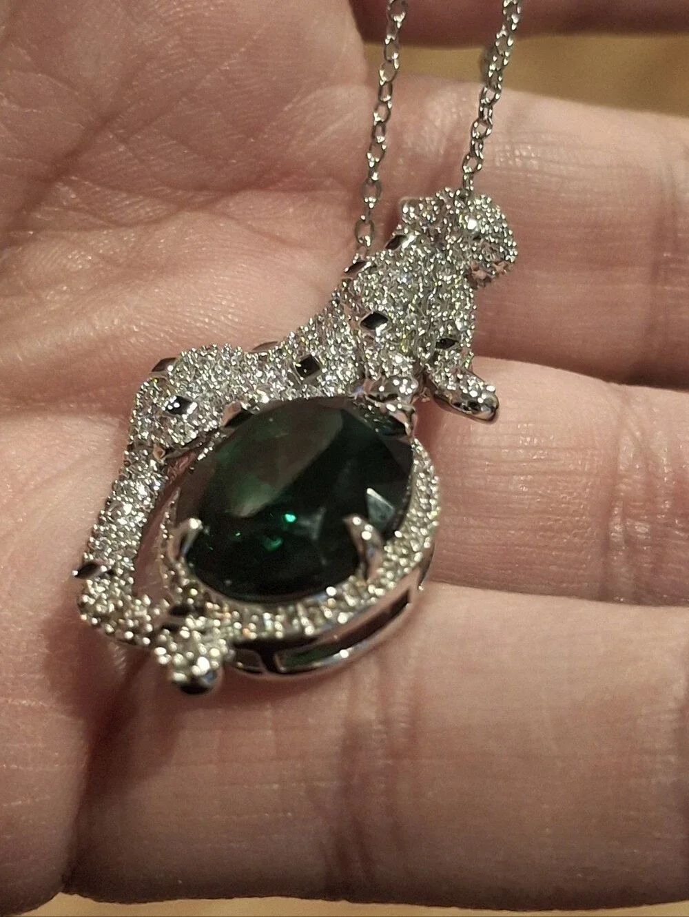 Emerald Green Diamond Leopard Charm Necklace